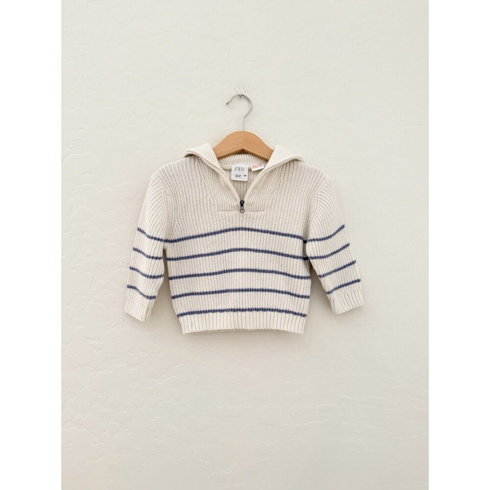 Zara Baby 12–18 Months Cream Blue Striped Quarter Zip Knit Sweater